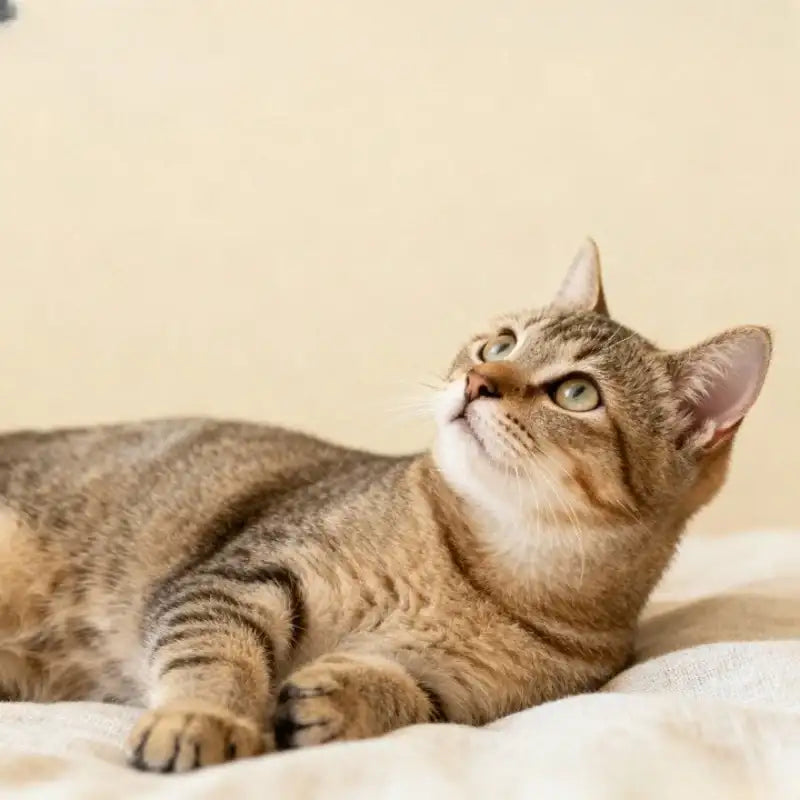 Chat tigré clair avec des yeux verts, allongé sur une couverture beige.