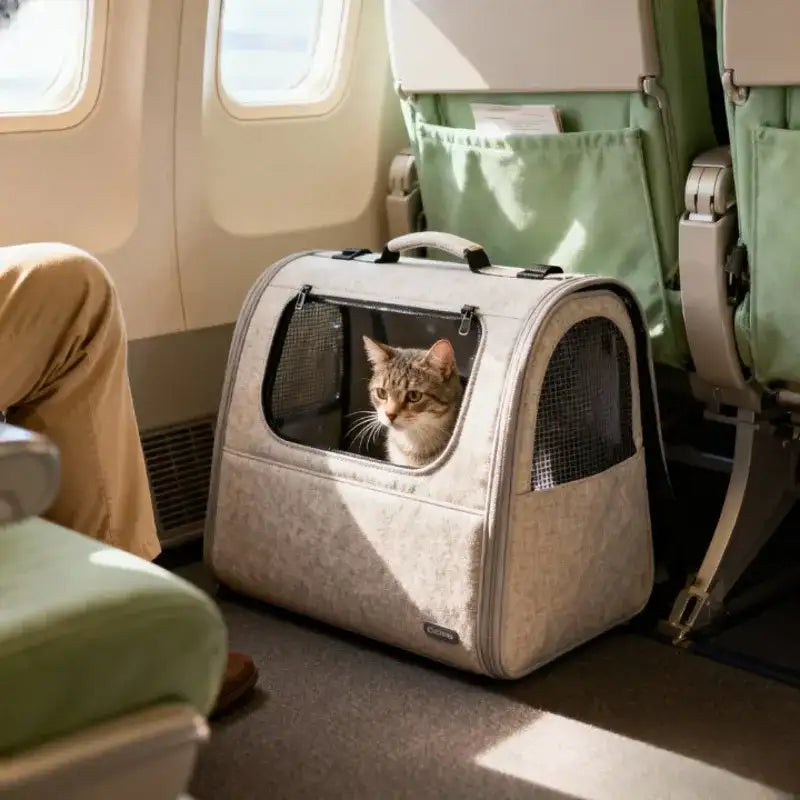 Sac de transport pour animaux de couleur crème avec fenêtres en filet et une poignée, conçu pour les voyages en avion.