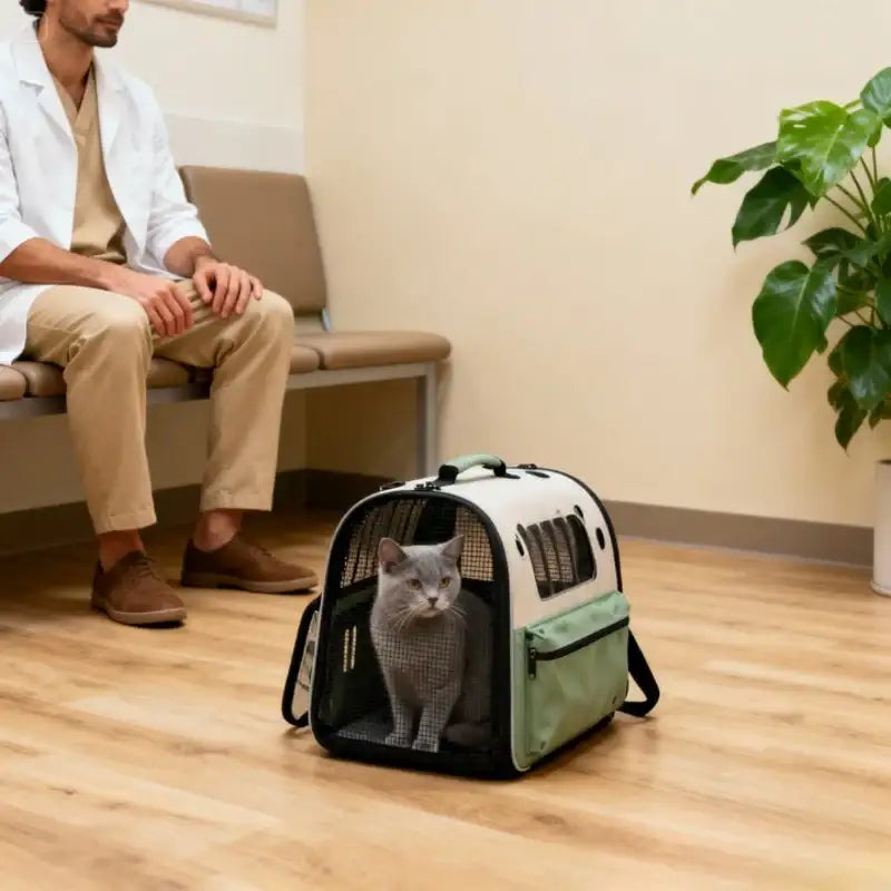 Sac de transport pour animaux avec fenêtres en maille, accents verts et base noire.