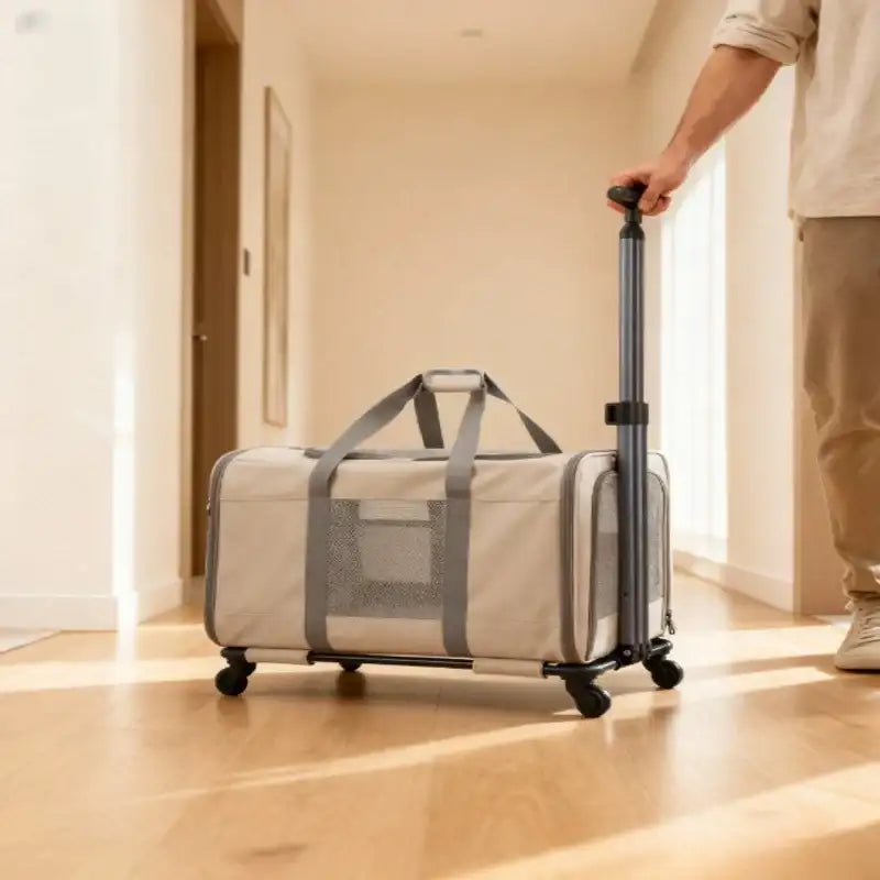 Sac de transport pour animaux en filet blanc avec roues et poignée noires, adapté aux petits animaux.