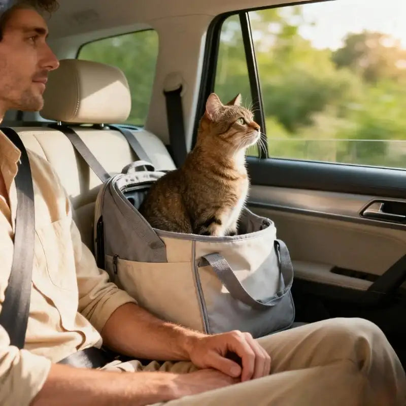 Sac de transport pour animaux en tissu gris et beige, conçu pour le transport sécurisé des chats ou petits chiens.