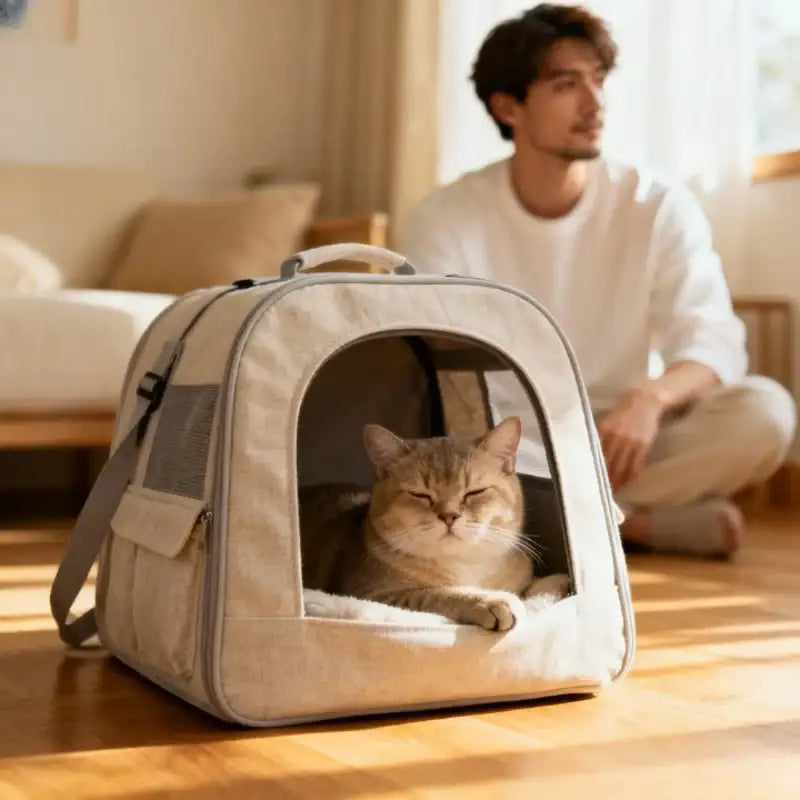 Sac de transport pour chat beige avec panneaux en maille et poignée, conçu pour le transport d'animaux de compagnie.