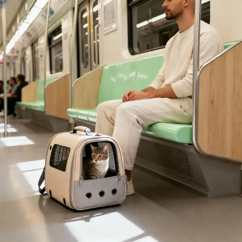 Sac de transport pour chat avec fenêtres en maille, tissu beige et gris, matériau durable pour le transport des animaux de compagnie.