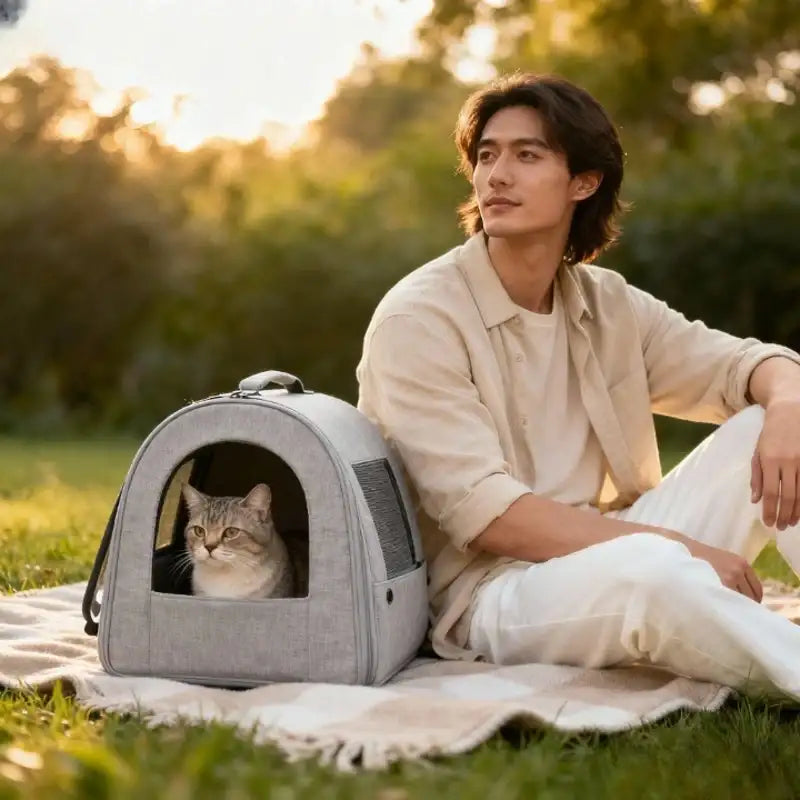 Sac de transport pour chat gris avec fenêtres en maille et intérieur en tissu doux, conçu pour le transport d'animaux.