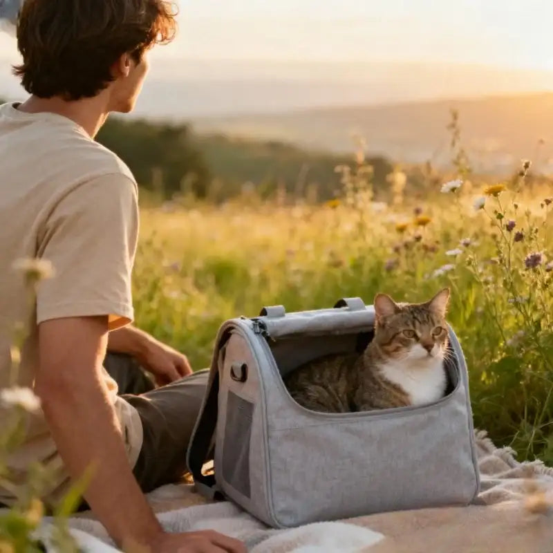 Sac de transport pour chat gris avec panneaux en maille et design pop-up, adapté aux aventures en extérieur.