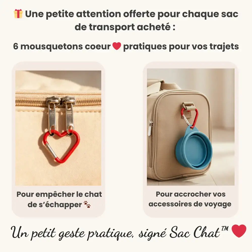 Sac de voyage beige avec mousquetons en forme de cœur pour fixer les accessoires et empêcher l'évasion du contenu.